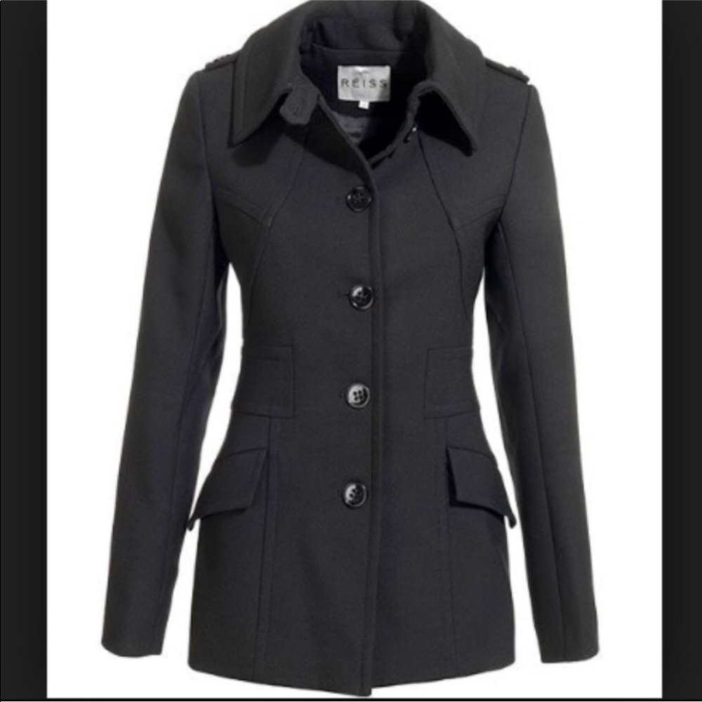 REISS Black Wool blend tailored fit jacket coat